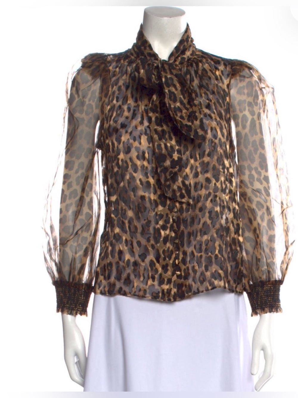 Alice + Olivia Sheer Leopard Tie-Neck Long-Sleeve Silk Blouse Sz.S